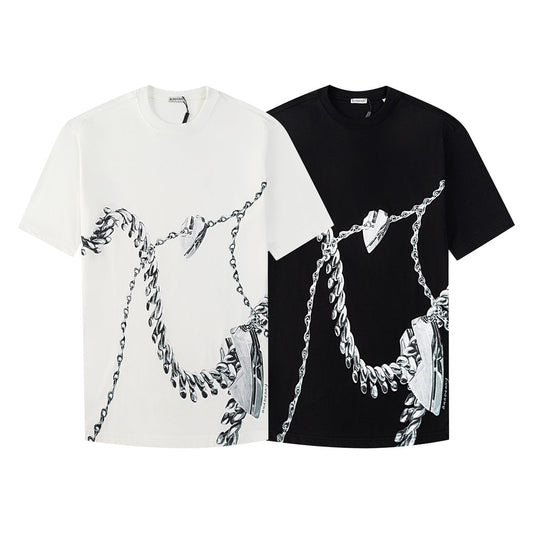 Spring and summer new love chain chain print round neck short-sleeved T-shirt