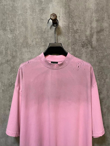 24ss Pink distressed holes T-shirts