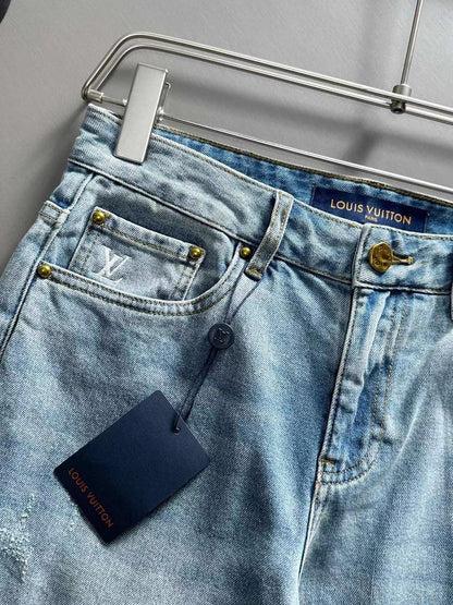 Distressed jeans on the front, lettering on the back