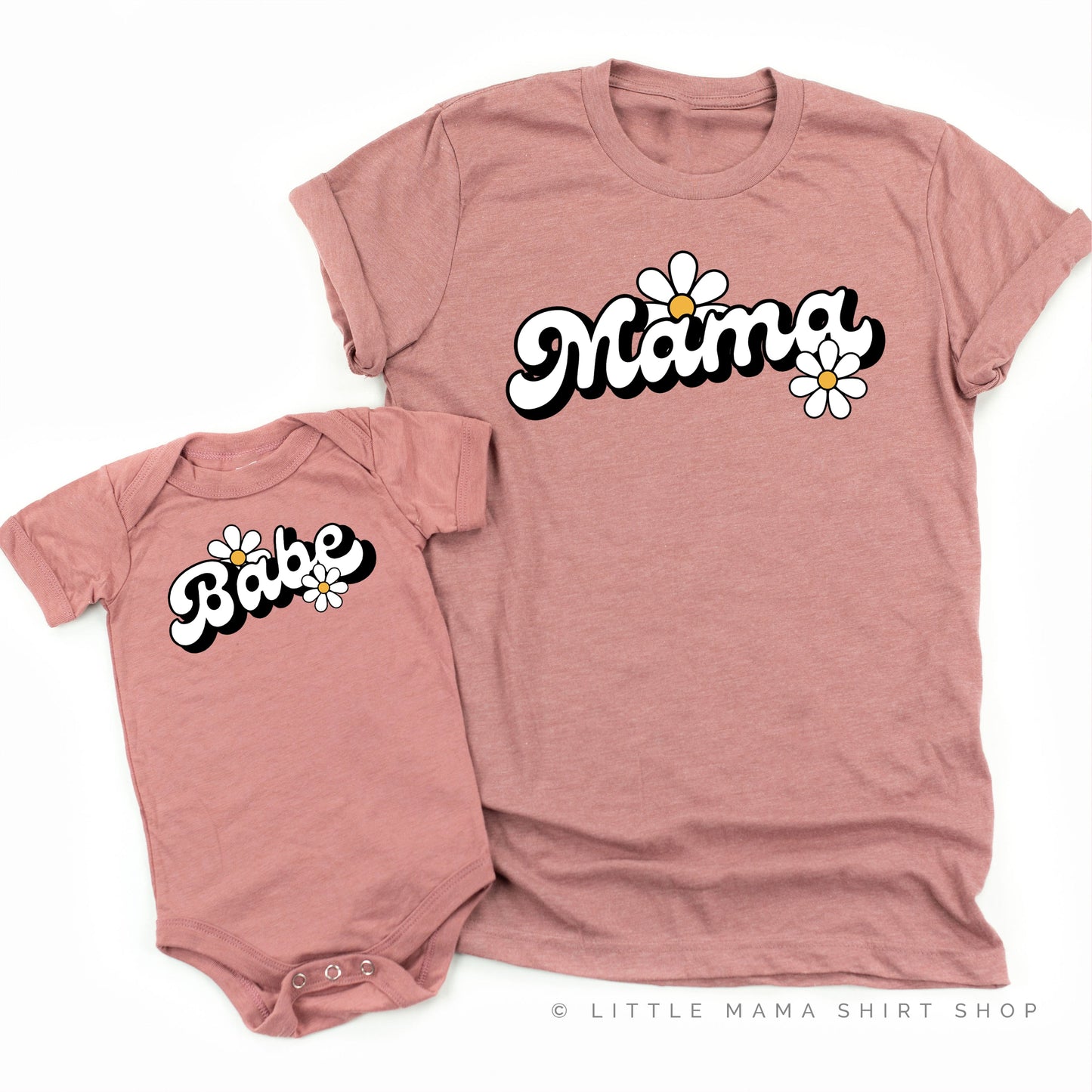 DAISY - MAMA / BABE - w/ Full Daisies on Back - Set of 2 Matching Shirts