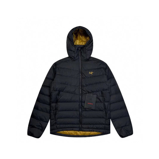 Black and gold lightweight hooded 750 puff men's down jacket